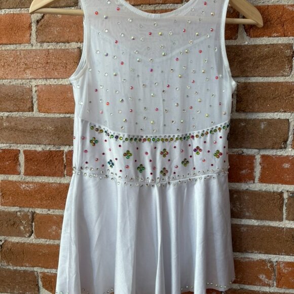 "Funfetti" White Figure Skating Dress + LOTS of Custom Crystals Girls Size 8-10 - Picture 2 of 6